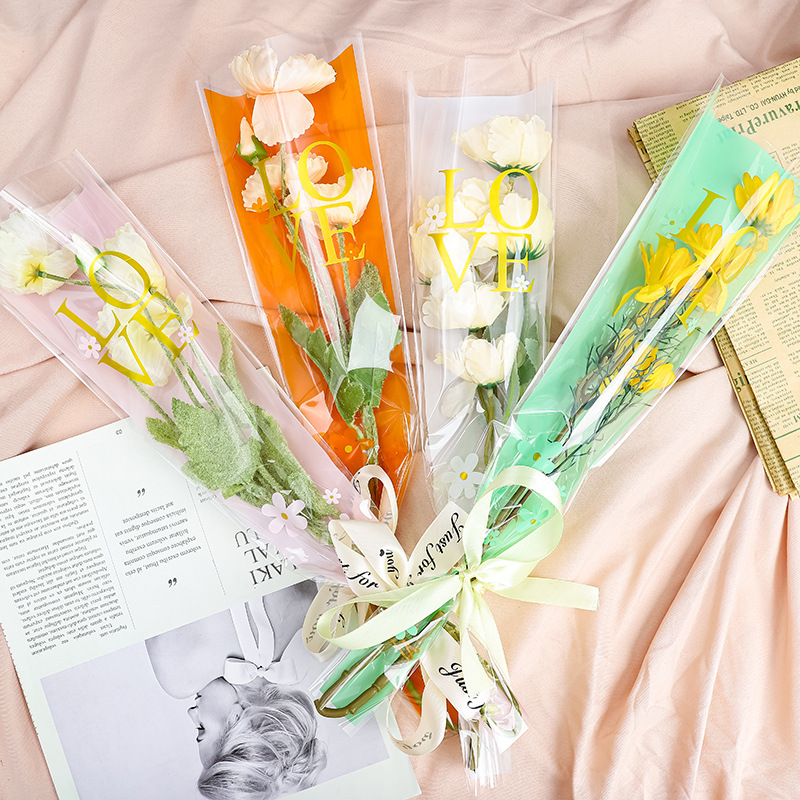 鲜花包装袋花束套袋透明opp防水单支玫瑰花袋 花儿朵朵花店用袋
