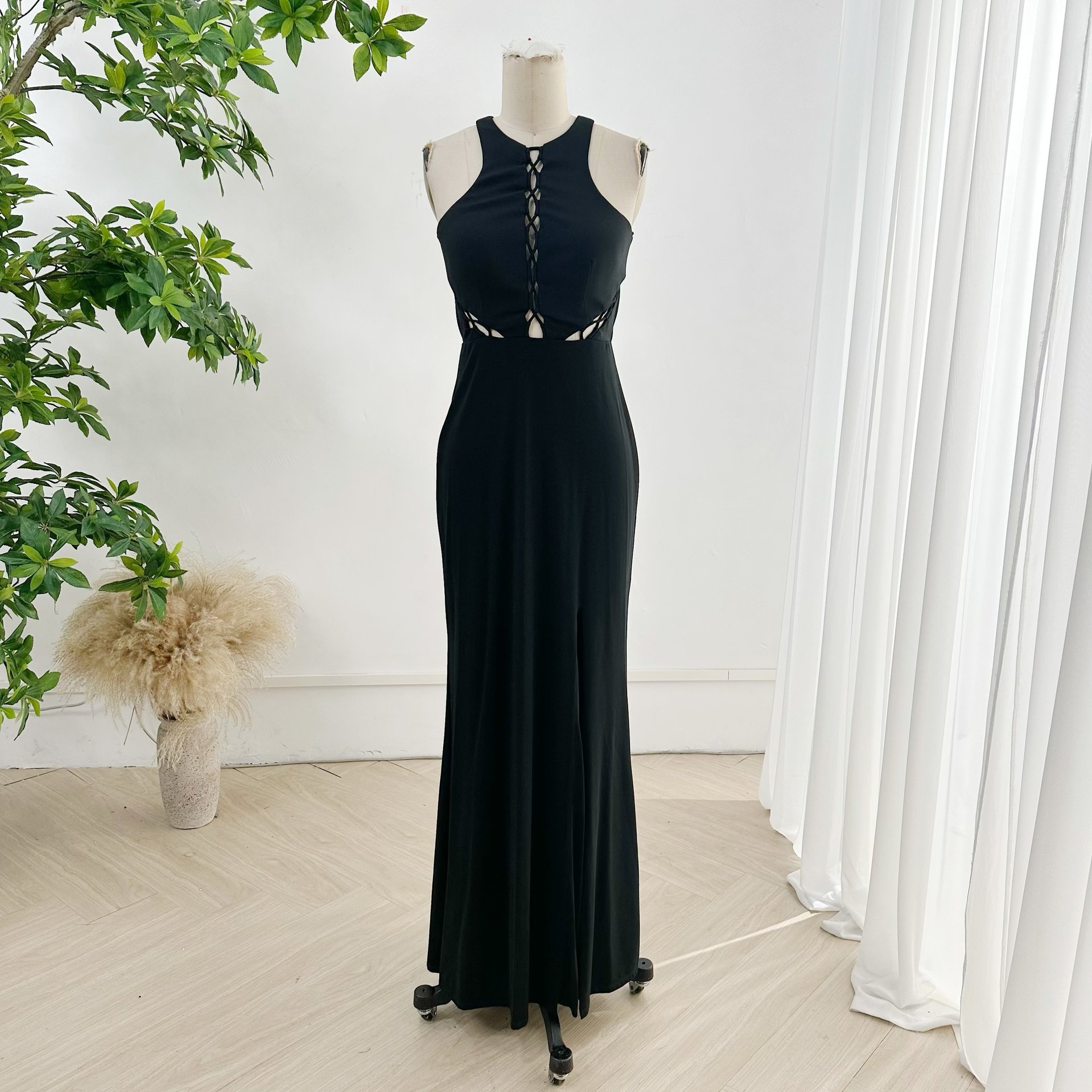 黑色时尚性感无袖露肩美背修身显身材鱼尾宴会长款礼服裙m2819