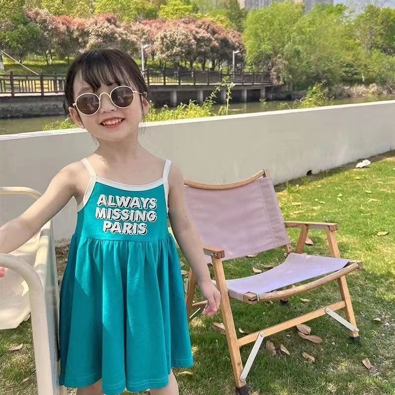 Summer Girls' Braces Skirt Baby Western Style Vest Skirt Children Korean Style Letter Print Fashionable Cute Dress