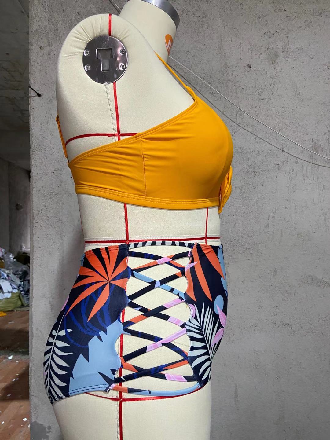 2021新款排绳性感高腰纯色欧美黄色比基尼厂家直销泳装泳衣现货