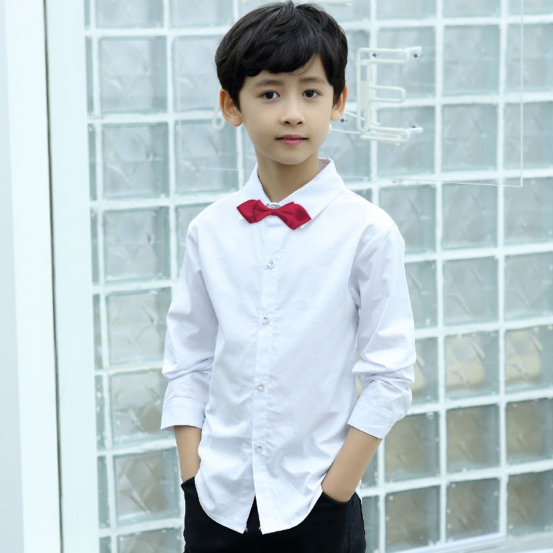 纯棉儿童春秋装衬衣纯白色男童衬衫长袖潮帅气翻领小学生校服上衣