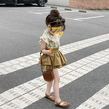 女童碎花套装2023夏季新款韩版立领无袖花边衬衫蛋糕裤裙两件套