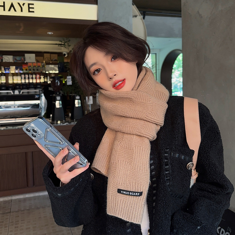 Korean Style Knitted Wine Red Scarf Simple Pure Color All-Matching Scarf Couple Autumn and Winter Artistic Warm Artificial Cashmere Scarf