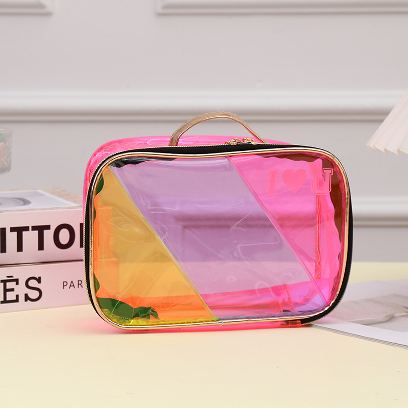 Cross-Border New Arrival European and American New Pvc Color Matching Cosmetic Bag Large Capacity Fashion Portable Cosmetic Bag Hand Bag for Women