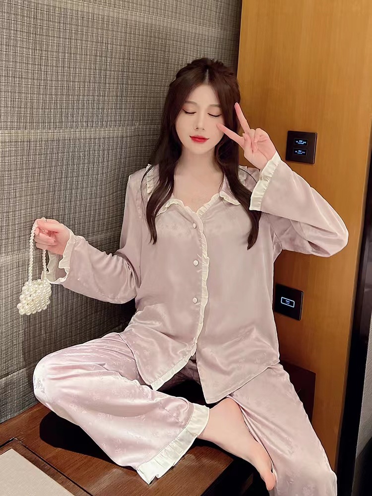 yd家居服宫廷风睡衣女春秋款长袖长裤冰丝绸甜美公主风可爱法式家