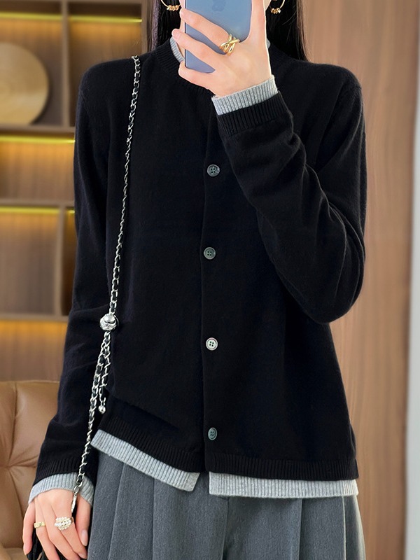 24年新品春秋女装安迪绒撞色假两件针织软糯开衫百搭洋气外套上衣