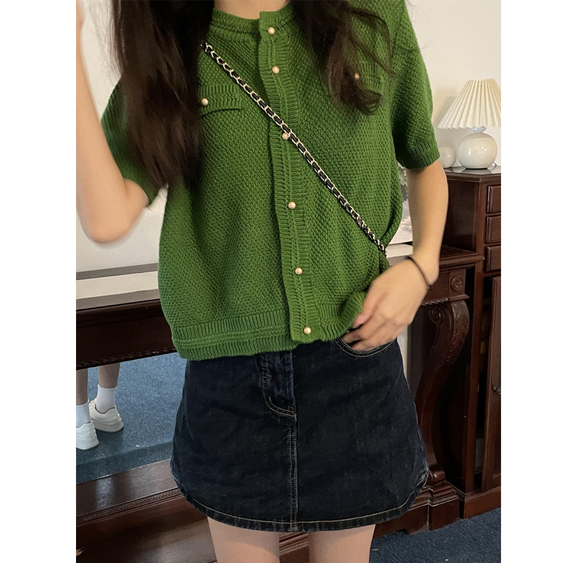 墨绿色百搭针织上衣女小众设计感春夏韩版宽松短袖网红系列潮