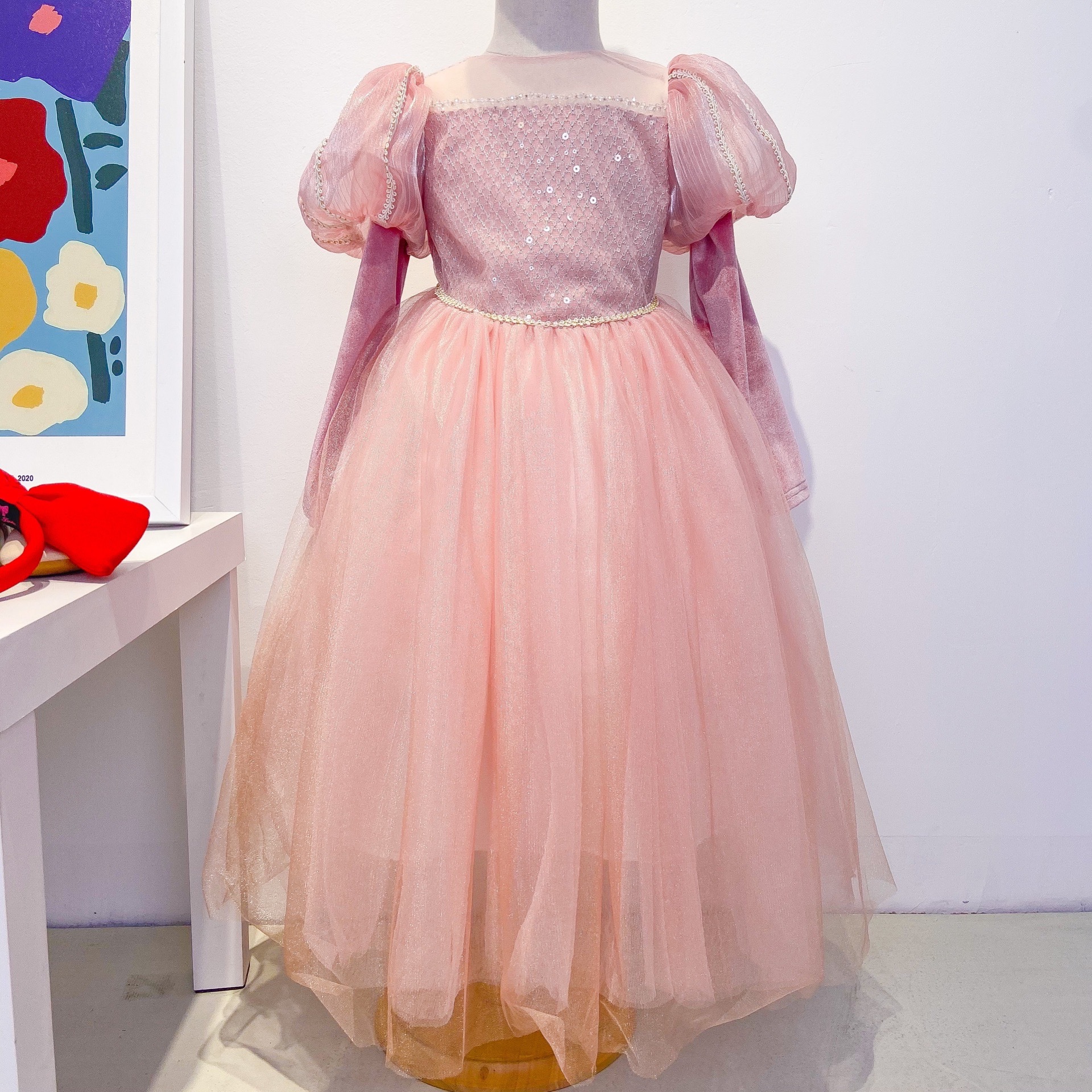 长袖豆沙粉公主裙2022秋韩版女童亮片泡泡袖金丝花边公主裙连衣裙