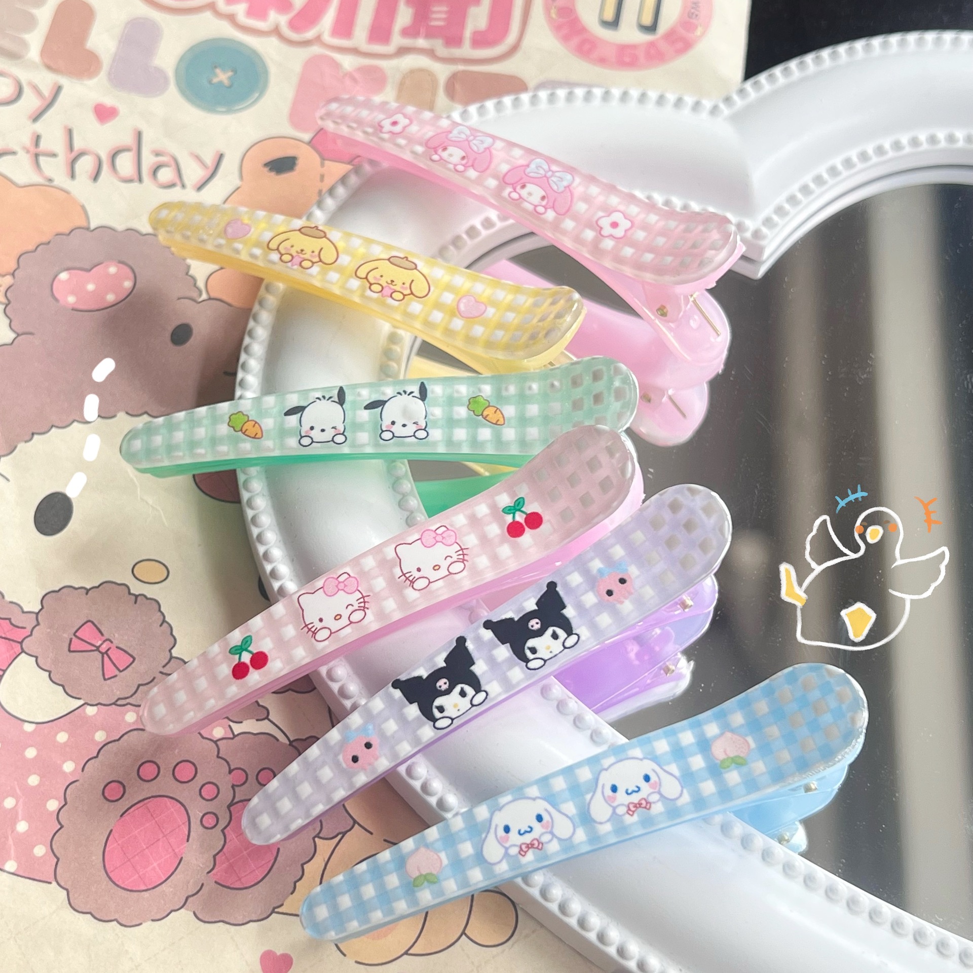 Cute Plaid Sanrio Tweezers Practical in Pretty Girl Heart Bang Clip Cartoon Barrettes All-Match and Sweet Headdress