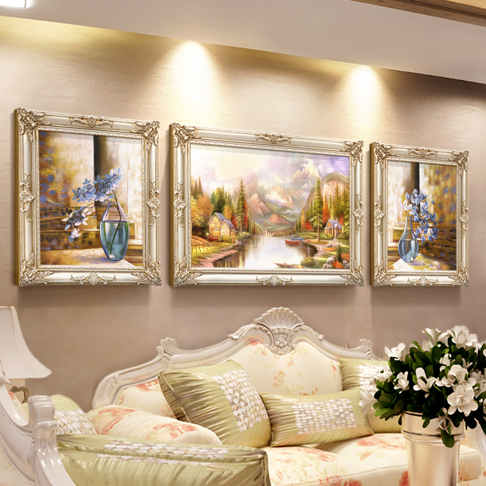 银链欧式油画风景客厅三联沙发简欧油画家纺家饰装饰画挂画电脑喷