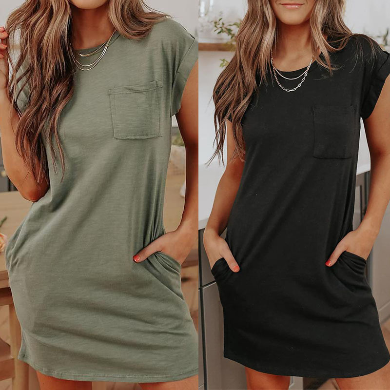 2023 Cross-Border Summer New Loose Casual Women's European and American Fashion round Neck Short Sleeves Pocket Dress Commuter T-shirt