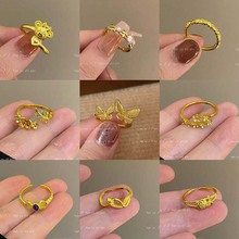 简约港风复古气质金色玫瑰花开口戒指时尚精致高级感蝴蝶花朵指环