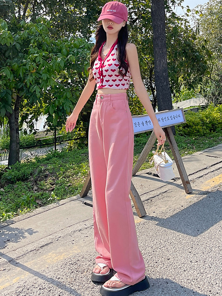 粉色阔腿牛仔裤女直筒宽松夏季薄款高腰显瘦加长彩色垂感拖地裤子