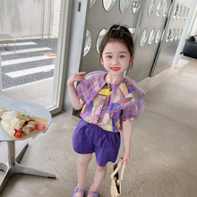 女童夏季套装2024洋气新款时髦儿童多巴胺紫色短袖短裤两件套夏款