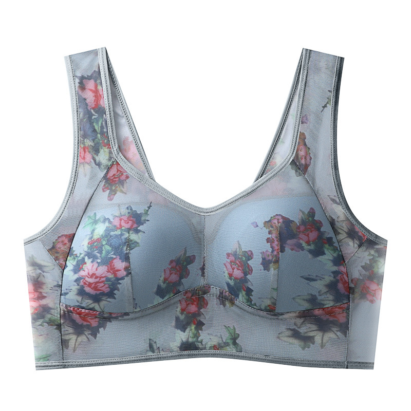 Mesh Floral Print plus Size Underwear One-Piece Cup Backless Bra Vest Style Push up Bra Women's Breathable Big Chest and Small