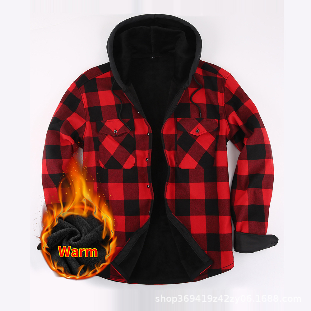 Hot Thermal Shirt Men's Fleece-Lined Thickened Flannel Plaid American Shirt Men's Clothing Lone Hoodies Shirts Single-Layer Fleece-Lined