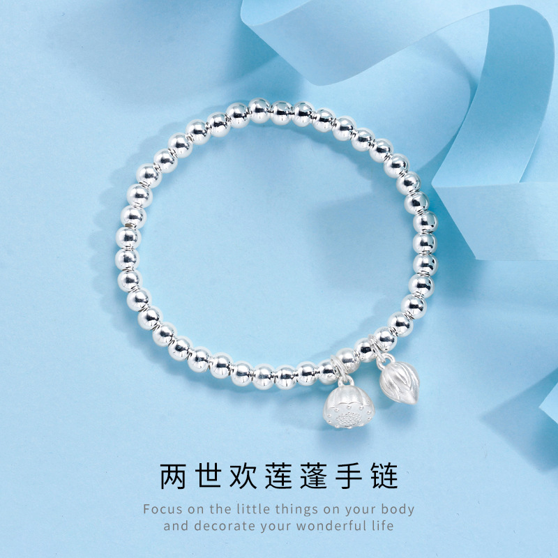 s999 women‘s silver bracelet round beads bracelet ins fresh style bracelet lotus seedpod bead string jewelry