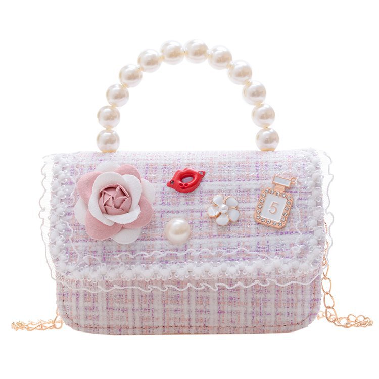 2021 Summer New Children's Bags Small Square Bag Shoulder Crossbody Pearl Hand Cute Flowers Fashion Girls Bag