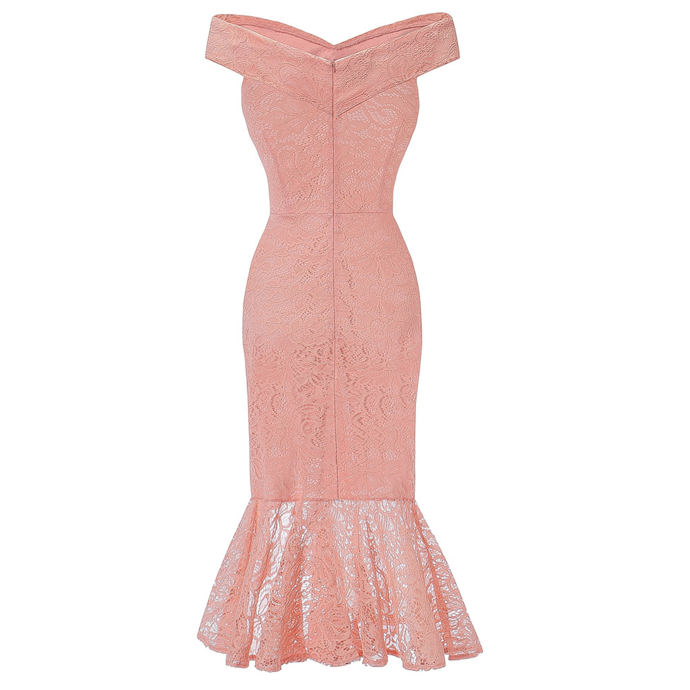 2022跨境欧美新款亚马逊一字领露肩蕾丝鱼尾裙性感包臀修身连衣裙