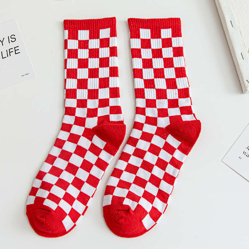 Chessboard Plaid Socks Men and Women Pure Color Cotton Autumn and Winter Long European and American Sports College Trendy Socks