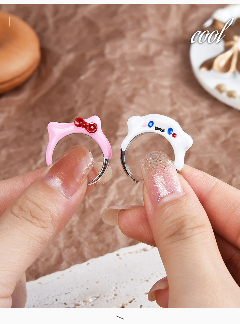 新品小众设计大耳狗小猫百变怪开口可调节怪兽戒指蝴蝶结可爱戒指
