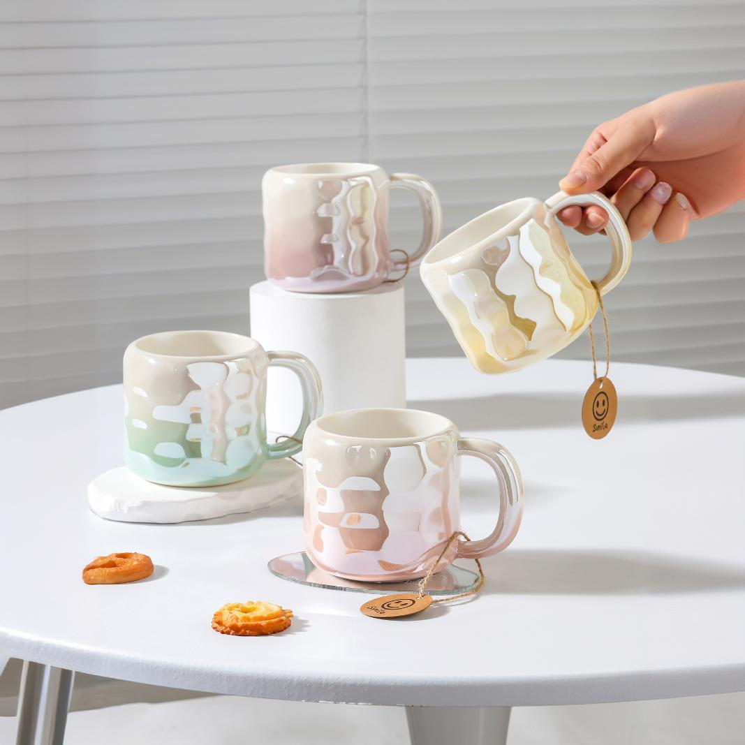 跨境创意个性珠光溢彩陶瓷杯轻奢马克杯高颜值女生咖啡杯礼品水杯