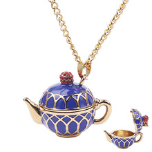 跨境 欧美时尚风格 珐琅釉蓝色茶壶 镶钻长款项链配饰吊坠