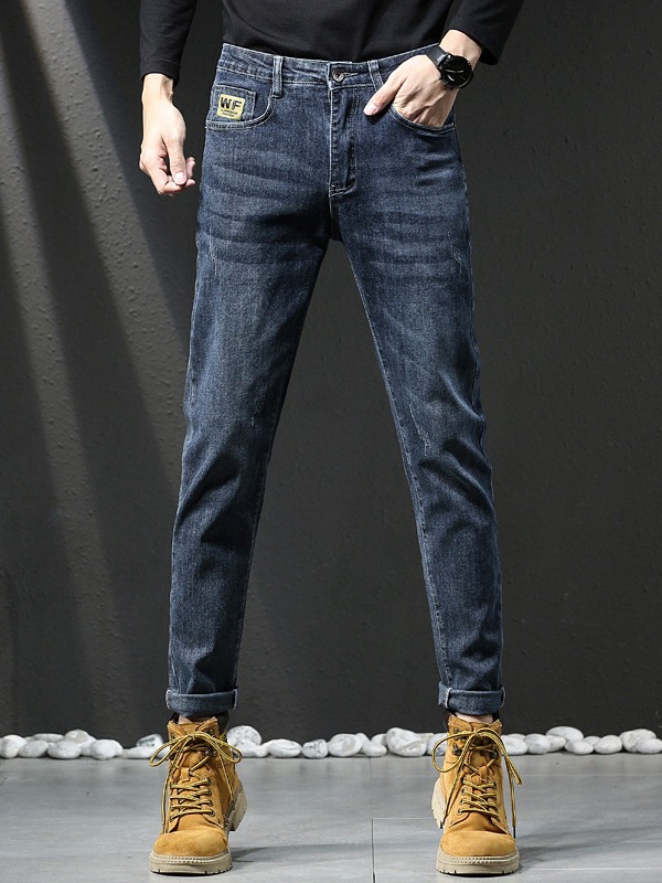 跨境外贸加厚牛仔裤男简约有型铅笔裤男士印花后袋潮流小脚裤男款