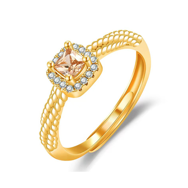 Yellow Diamond Twist Small Sugar Cube Ring Middle Ancient Dignified Sense of Design Niche Personality Online Influencer Fashion Square Zircon Ring