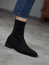 法式春秋新款磨砂弹力瘦瘦靴女时尚百搭低跟绒面靴子黑色平底短靴