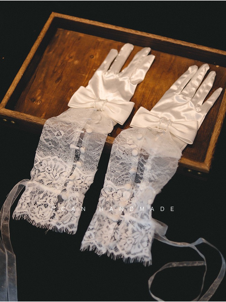 喜看新款白色蕾丝缎面拼接蝴蝶结长手套新娘礼服婚纱写真跟妆配饰