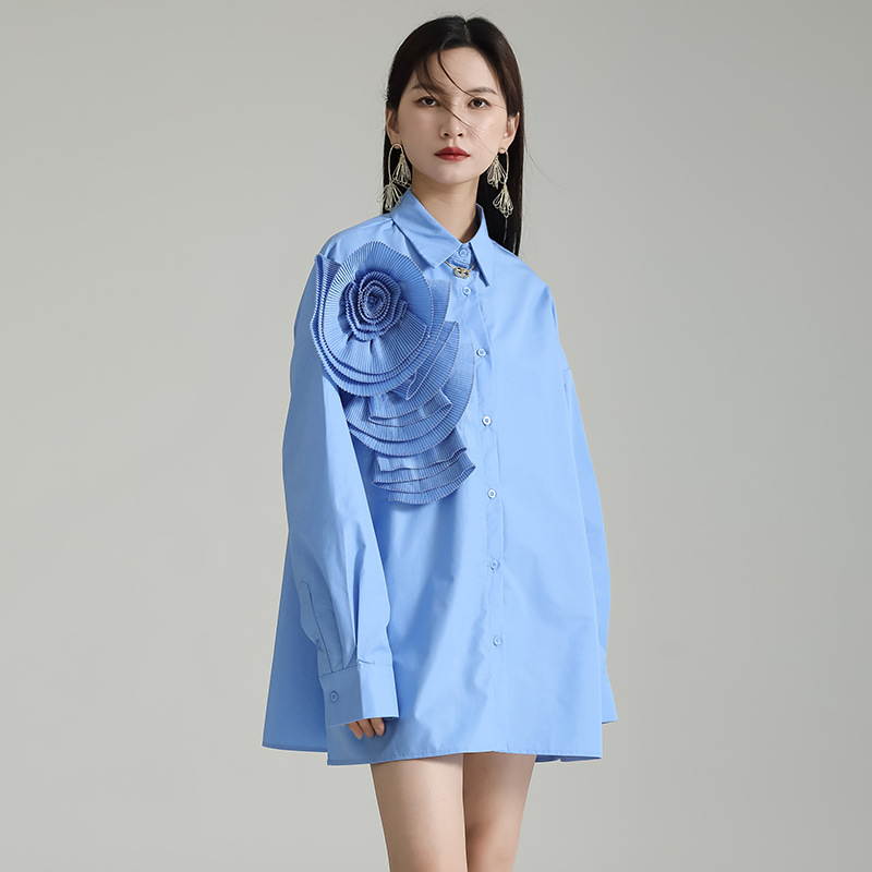 Pleated Three-Dimensional Flower Long-Sleeved Shirt Dress 2024 Spring New Light Luxury French Loose Chic Dress for Women