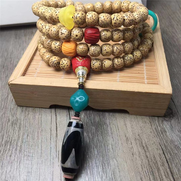 海南星月菩提籽108颗文玩手串黄金籽星月菩提老型桶珠搭配天珠
