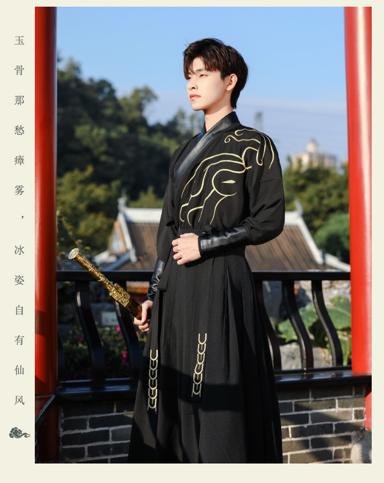 原创汉服男霸气黑色中国风武侠套装男学生公子古风书生日常表演服