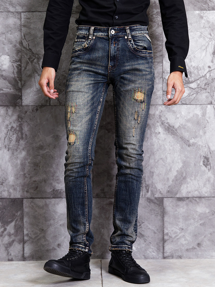 欧美补丁破洞男士牛仔裤修身小脚裤水洗做旧复古韩版潮流百搭显瘦