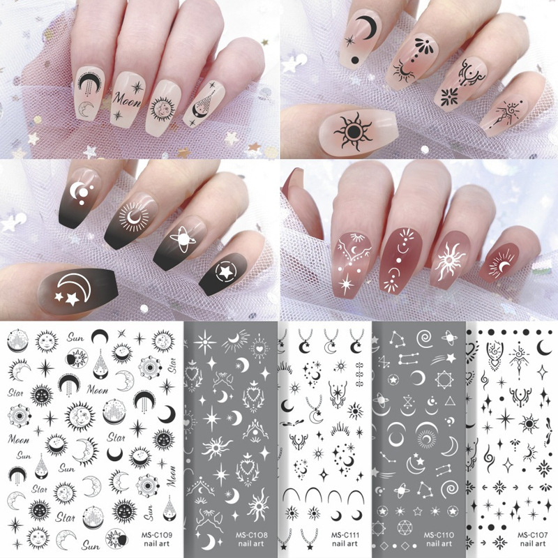 外贸爆款黑白金银星星月亮背胶防水美甲贴纸指甲贴花-阿里巴巴