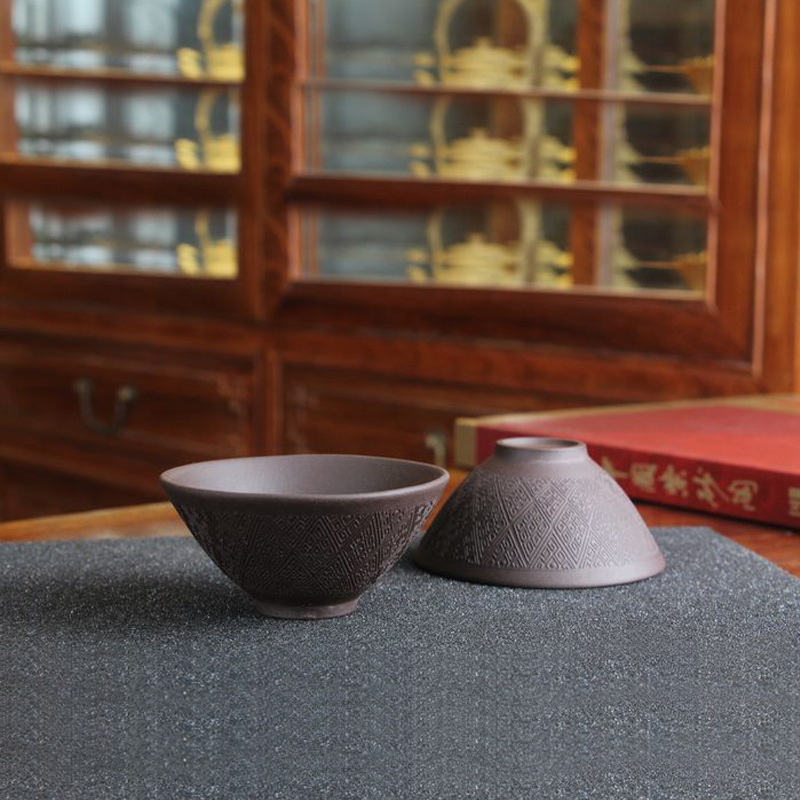 紫砂小茶杯 宜兴原矿清水泥回纹斗笠杯45毫升2色选默认项紫泥新品