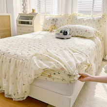 韩版100%纯棉床笠式床裙单件全棉夹棉加厚床罩三件套蕾丝边床套罩