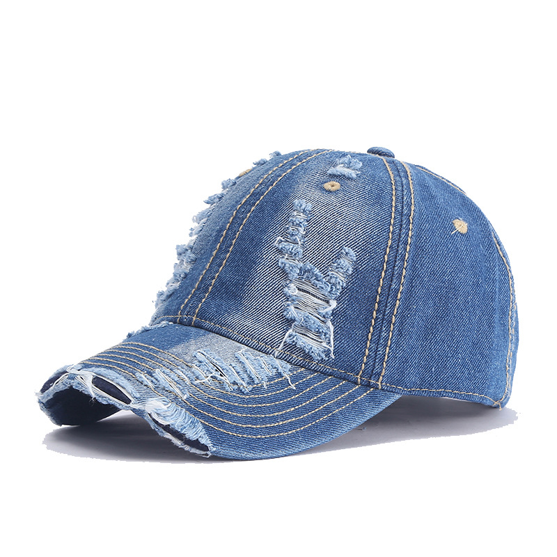 2024 New Cotton Denim with Hole Baseball Cap High Quality Denim Washed Distressed Sun-Poof Peaked Cap Wholesale