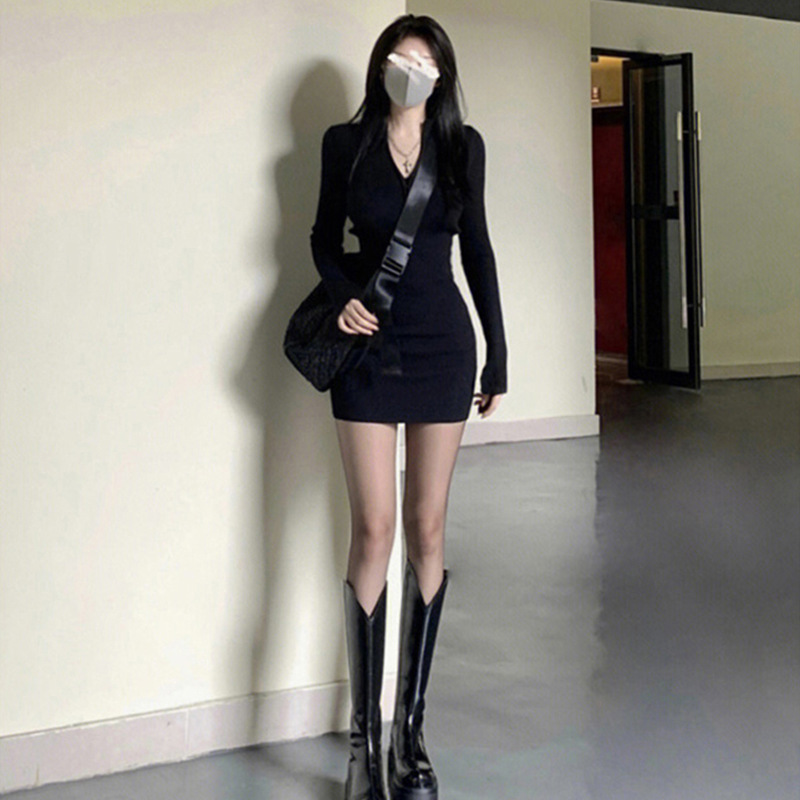 Knitted Zipper Dress Hot Girl 2023 Autumn and Winter New High Sense Pure Desire New Long Sleeve Tight Sheath Short Dress