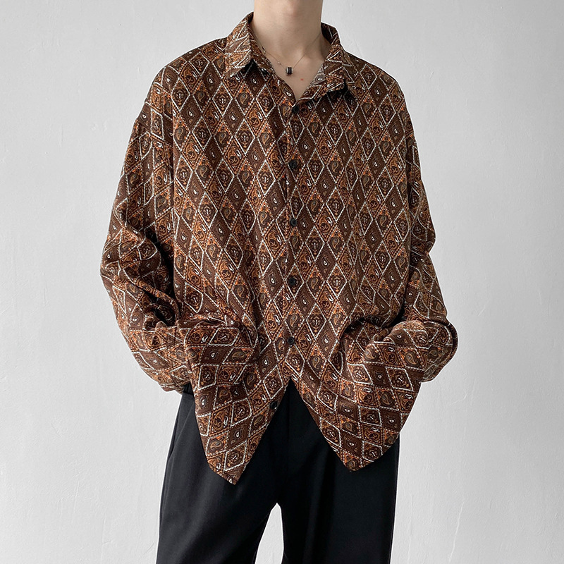 港风碎花衬衫男士夏季上衣复古ins垂感痞帅沙滩度假夏威夷衬衣潮