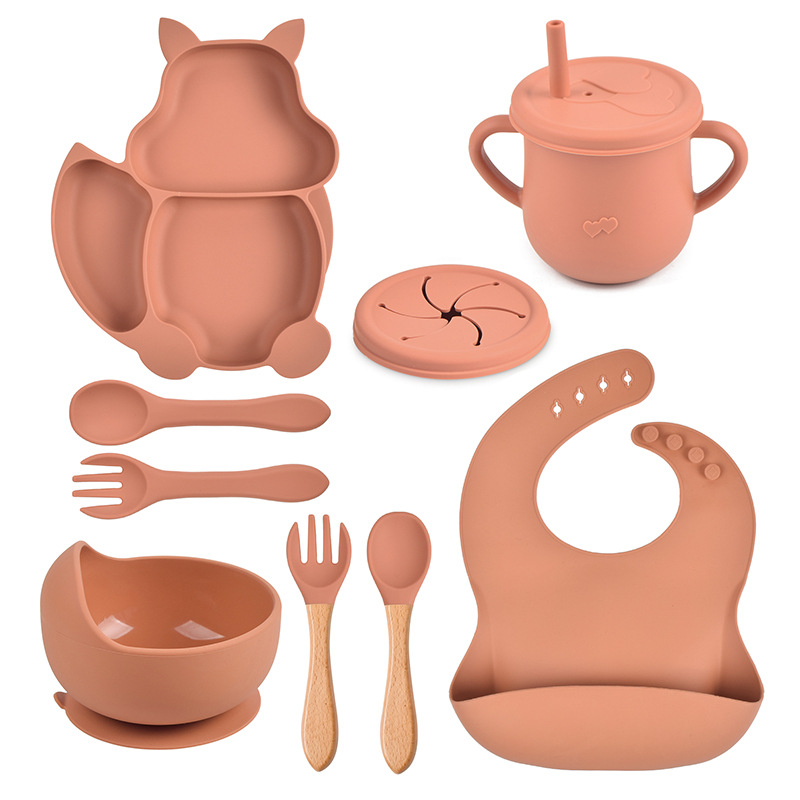 spot squirrel silicone tableware baby silicone food supplement set baby fork spoon integrated silicone dinner plate set
