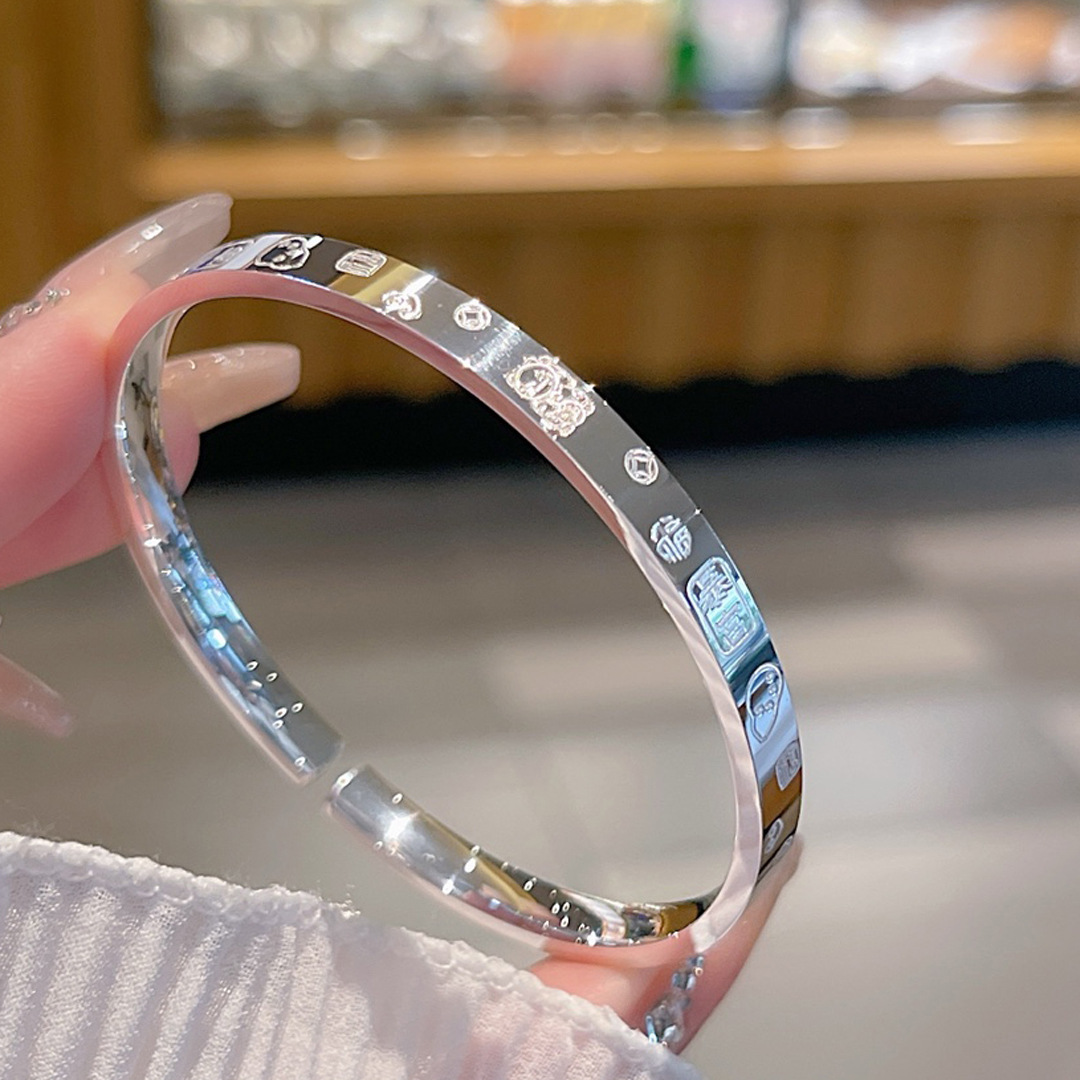 银手镯9999女纯银正品 足银手镯招财猫吉言亮面实心 国潮民族风