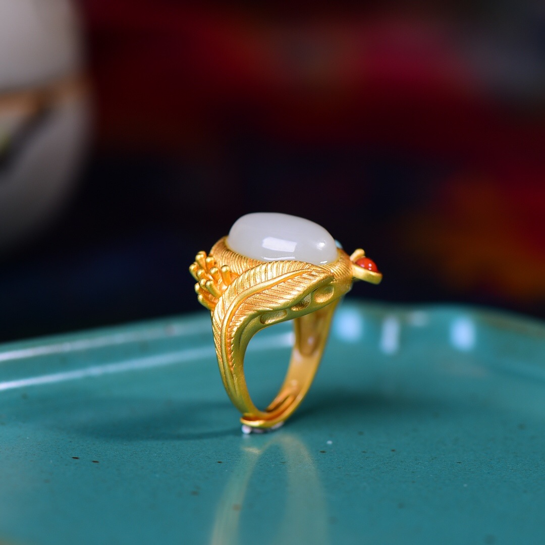 玉佳玉 925银镶和田玉白玉圆蛋面女戒子多宝镶嵌古法金戒指女士款