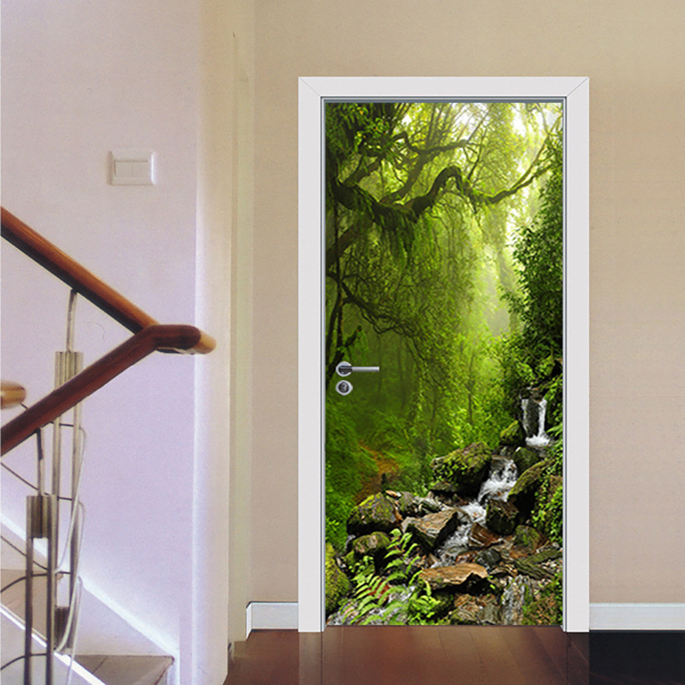 尚易新款门贴绿色森林风景贴纸家居卧室房门装饰翻新墙贴f277