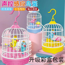 新款声控感应仿真小鸟儿童迷你鸟笼玩具男女孩电动鸟呜声鹦鹉地摊