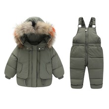 冬季儿童羽绒服套装韩版大毛领两件套女宝宝连体裤外贸批发