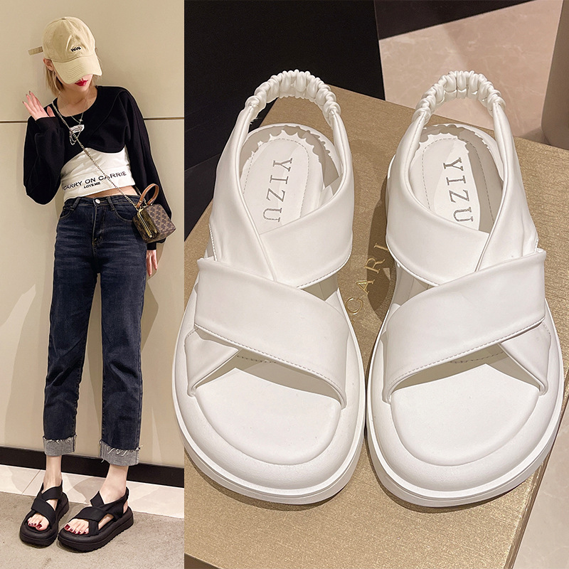 New Platform Elastic Strap Sandals for Women 2023 Summer New Korean Style Cross Strap Open Toe Sandals Fairy Style Sandals