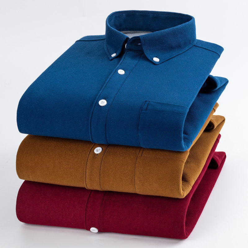 New Corduroy Pure Color Warm Keeping Shirt Middle-Aged Men Fleece-Lined Thickened Casual Slim Men's Shirt Wholesale and Retail