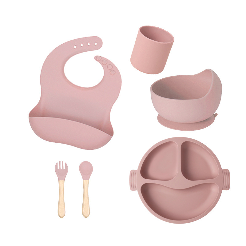 Baby Solid Food Bowl Children's Silicone Compartment Dinner Plate Wooden Handle Spork Suit Pedology Eating Silicone Cutlery Plate